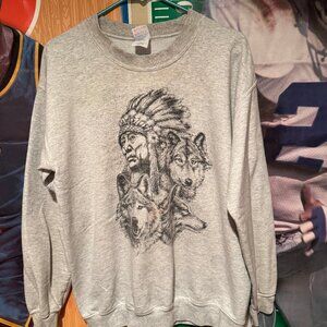 Vintage 90s Style Wolf Native American Crewneck Sweatshirt Grey Size M Graphic